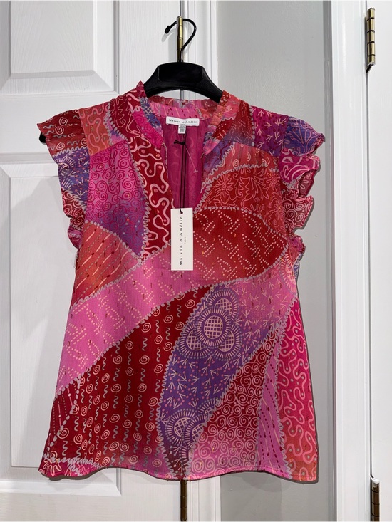 Maison D’Amelie Tops - Maeve Pink & Red Patchwork Ruffle-Sleeve Blouse